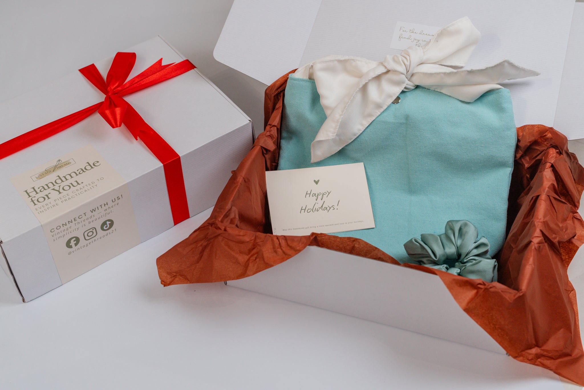 Mae Bucket Bag + Silk Scrunchie | Coquette-Inspired Adjustable Twill Strap Bag | The Holiday Gift Box by Vintage Threads